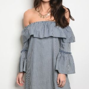 Off the shoulder flute sleeve, mini dress.